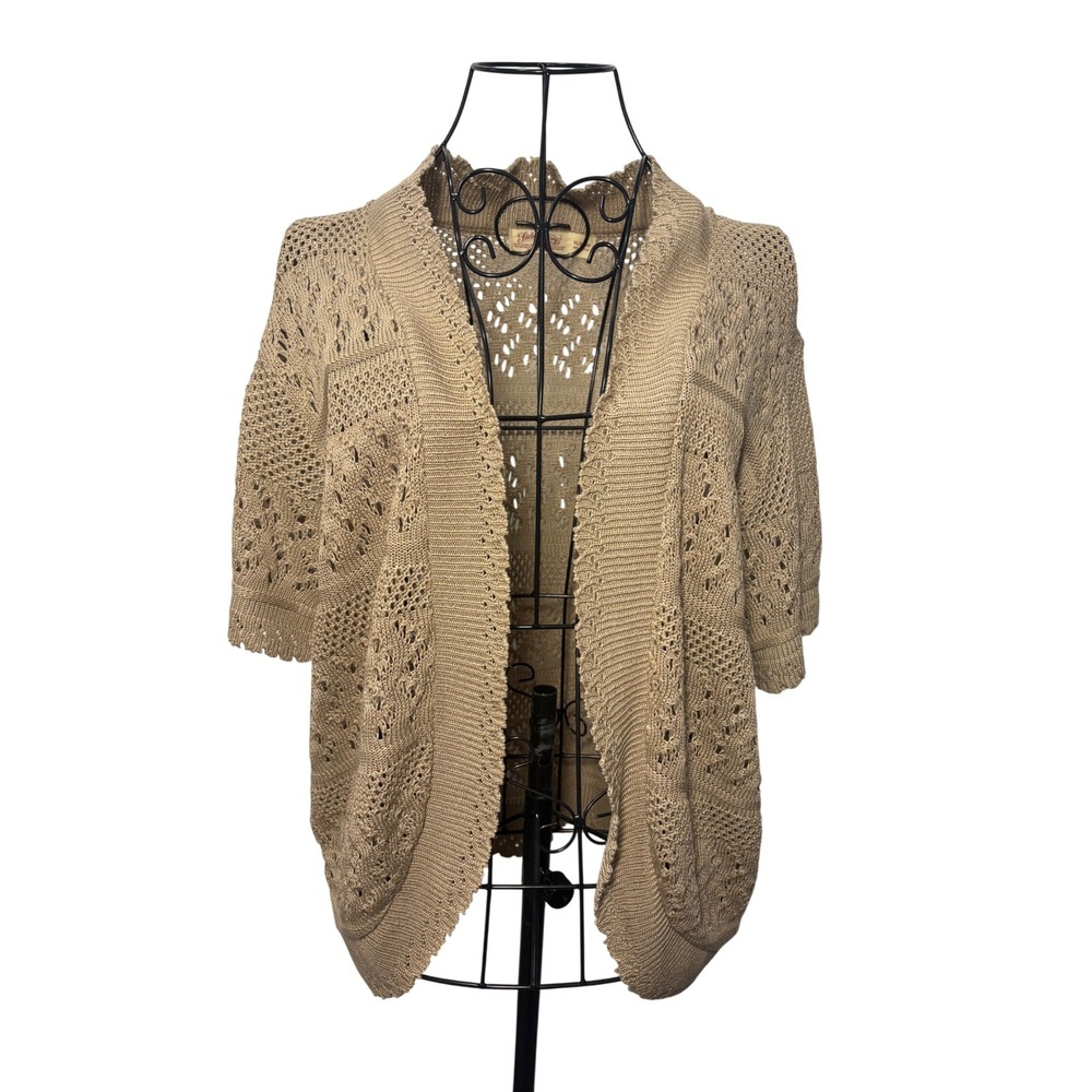 Faded Glory Womens XL Shrug Cardigan Brownstone Tan Open Knit Short Sleeve USA
